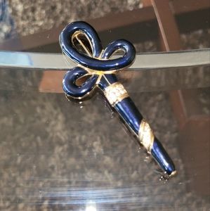 Vintage Gold Blue Enamel Swan Swarovski Crystal Dagger Sword Brooch Pin